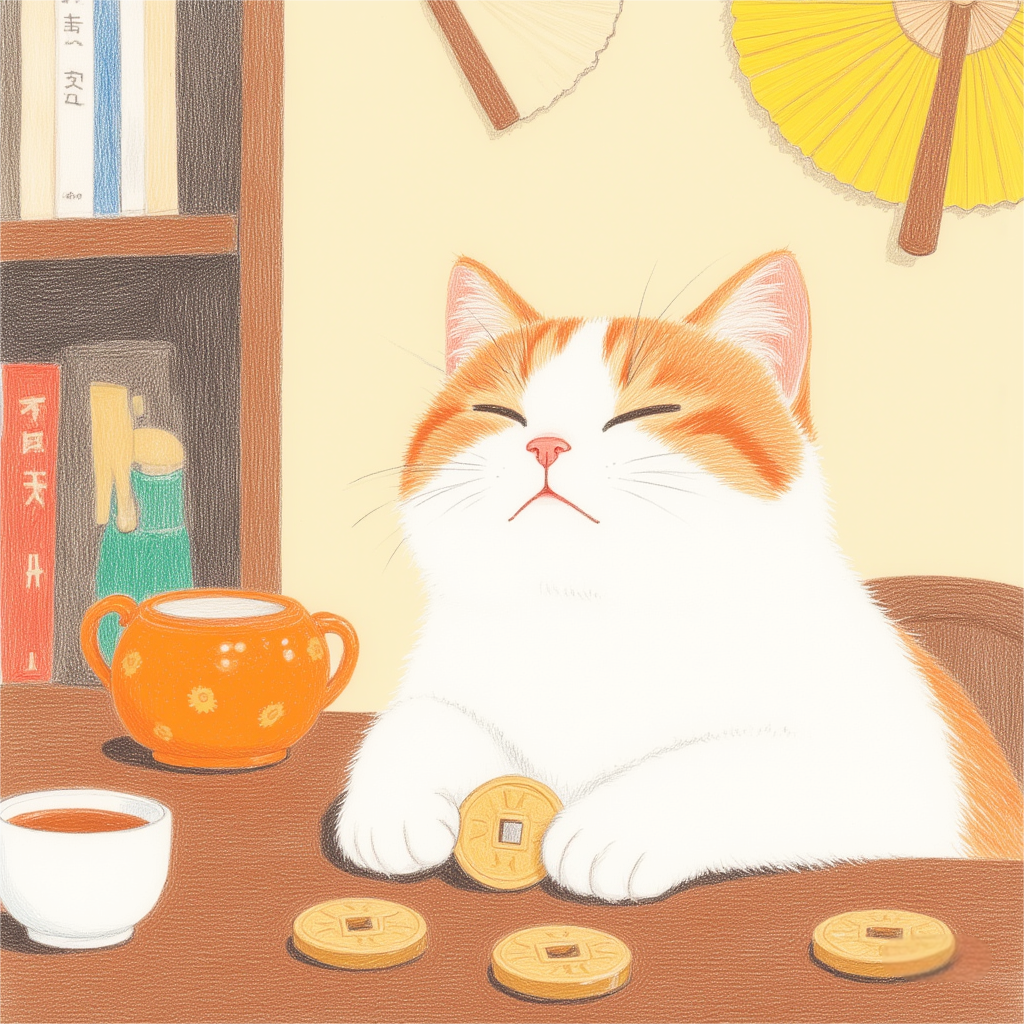 The table is full of ancient charm, cats play with ancient Chinese coins in curiosity, paper fans sway gently, tea sets accompany quietly, and currency details are clearly visible in cartoon style.